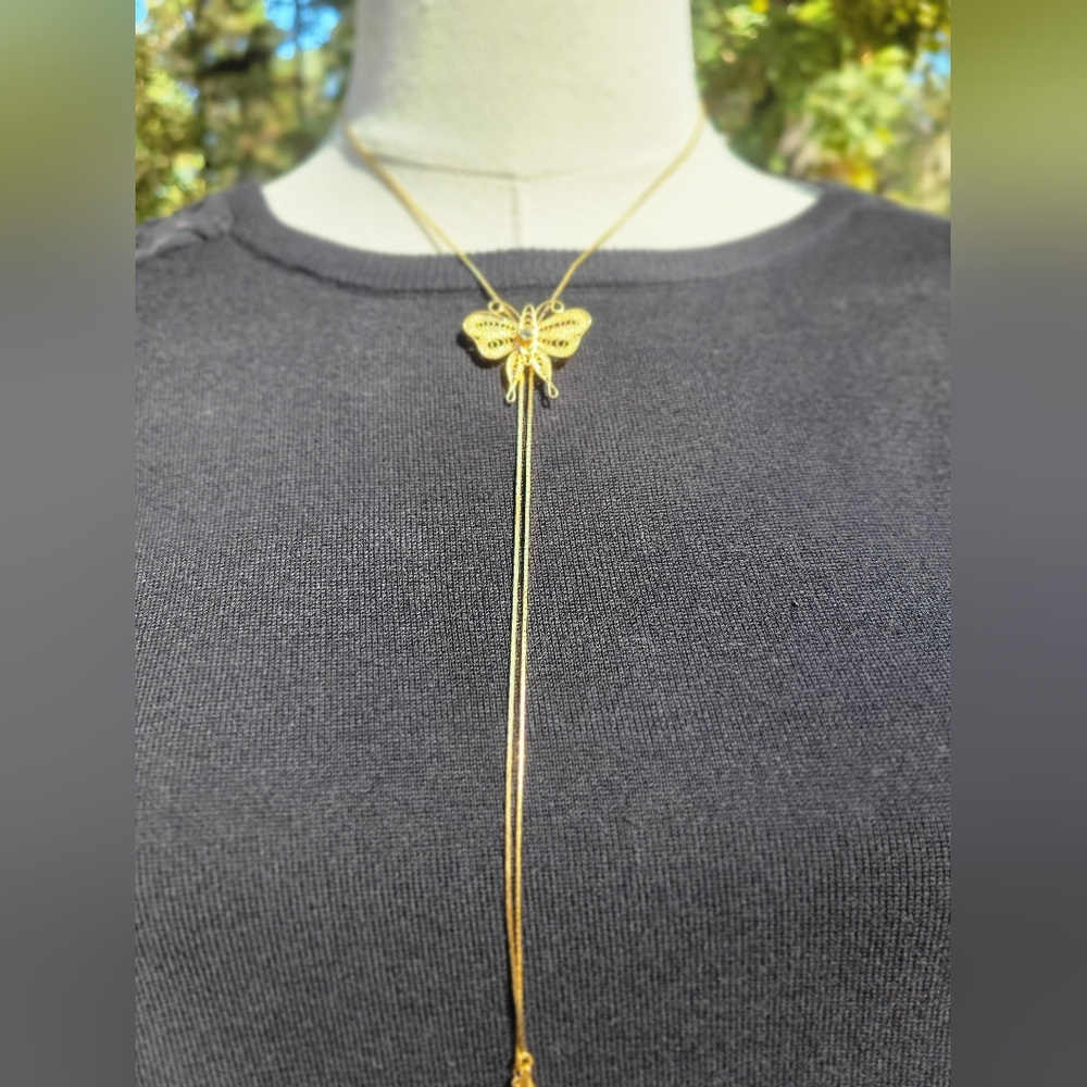 Vintage Delicate Gold Filigree Butterfly Slide Bolo Necklace - Picture 4 of 12